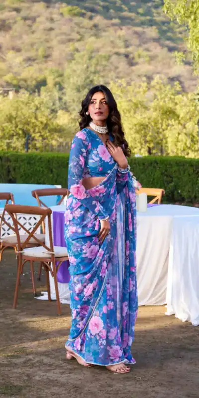 Blue Weightless Printed Pearl Saree | Sarees, Bollywood Sarees, Creative Sarees, Designer Sarees, Embroidered Sarees, Ethnic Saree, Modern Digital sarees, Party Wear Sarees