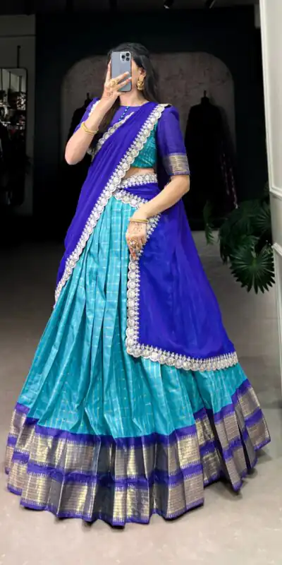 Blue Zari Chex Weaving Work Lehenga Choli | Lehenga, Bollywood Lehenga, Creative Lehenga, Designer Lehenga, Embroidered Lehenga, Party Wear Lehenga