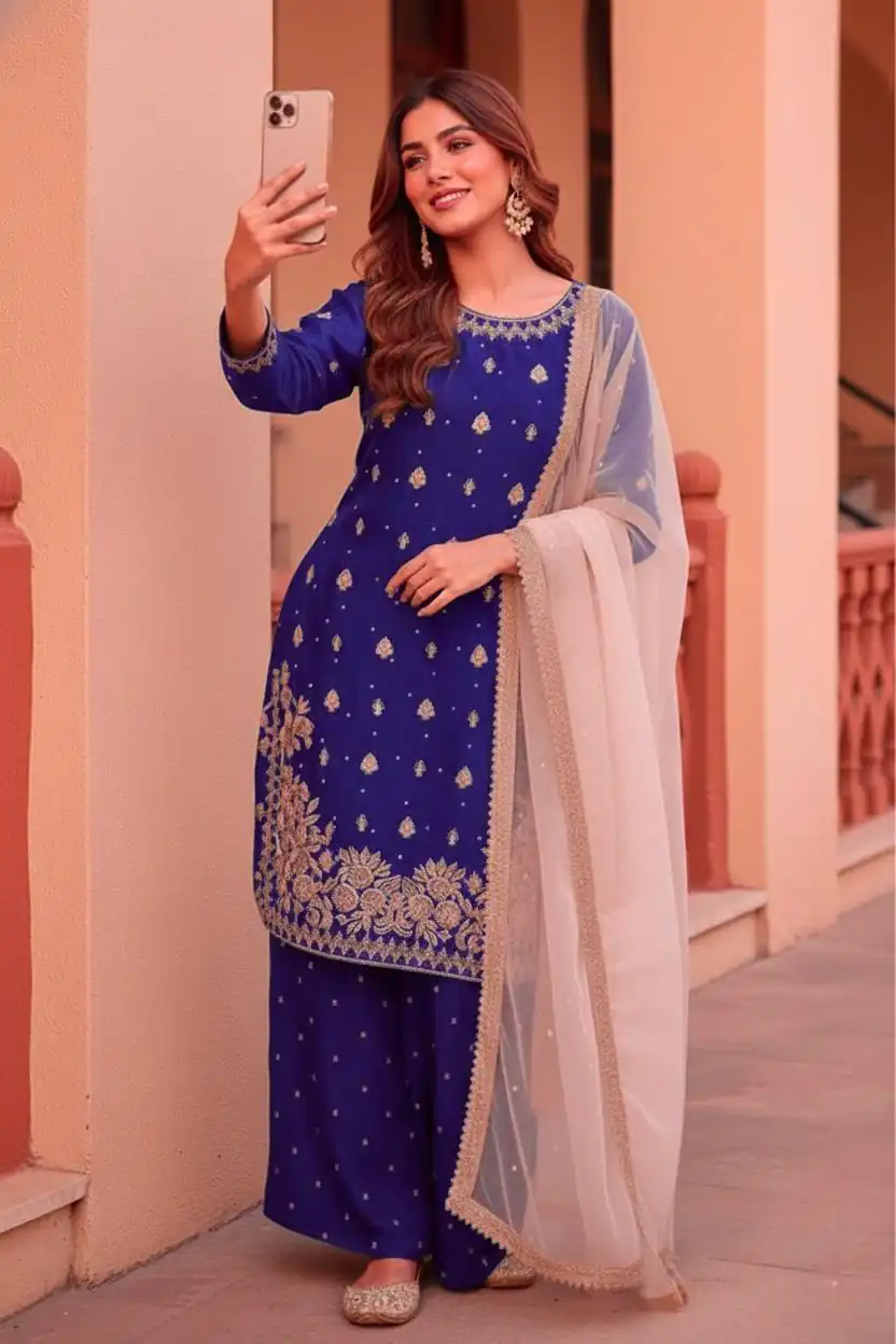 Blue Zimmy Silk Embroider Work Salwar Suit | Jump Suits, Salwar suit, Casual Suits, Creative suits, Designer Suits, Palazzo Suits, Party Wear Suits, Patiala Suits, Straight Suits