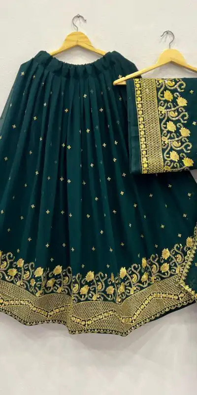 Bottle Green Georgette Embroidery And Sequins Work Lehenga Choli | Lehenga, Bollywood Lehenga, Creative Lehenga, Designer Lehenga, Embroidered Lehenga, Party Wear Lehenga