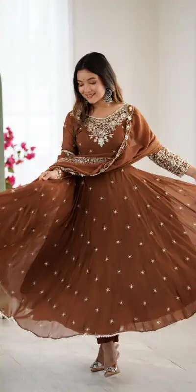 Brown Blooming Faux Embroidery Work Gown | Lehenga, Bollywood Lehenga, Creative Lehenga, Designer Lehenga, Embroidered Lehenga, Party Wear Lehenga