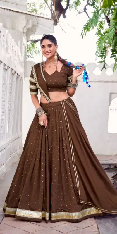 Brown Chanderi Lace Zari Work Lehenga Choli | Lehenga, Bollywood Lehenga, Creative Lehenga, Designer Lehenga, Embroidered Lehenga, Party Wear Lehenga
