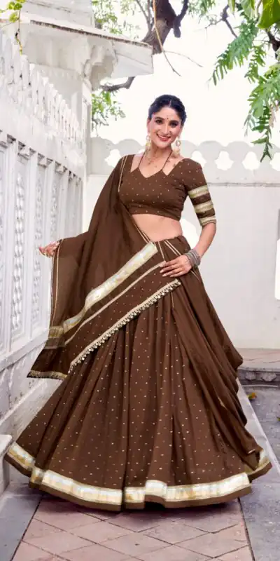 Brown Chanderi Lace Zari Work Lehenga Choli | Lehenga, Bollywood Lehenga, Creative Lehenga, Designer Lehenga, Embroidered Lehenga, Party Wear Lehenga