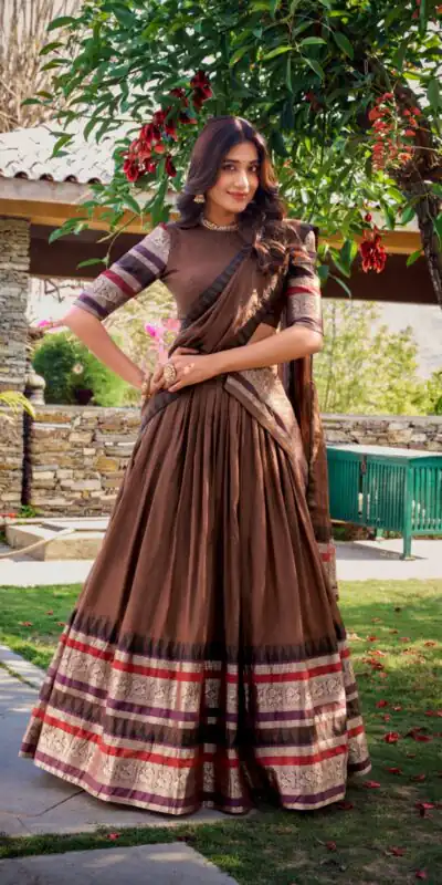 Brown Chanderi Plain Lehenga Choli | Lehenga, Bollywood Lehenga, Creative Lehenga, Designer Lehenga, Embroidered Lehenga, Party Wear Lehenga