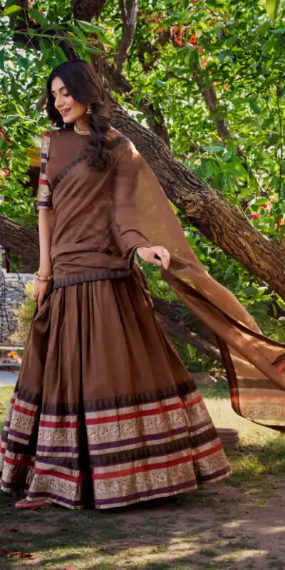 Brown Chanderi Plain Lehenga Choli | Lehenga, Bollywood Lehenga, Creative Lehenga, Designer Lehenga, Embroidered Lehenga, Party Wear Lehenga