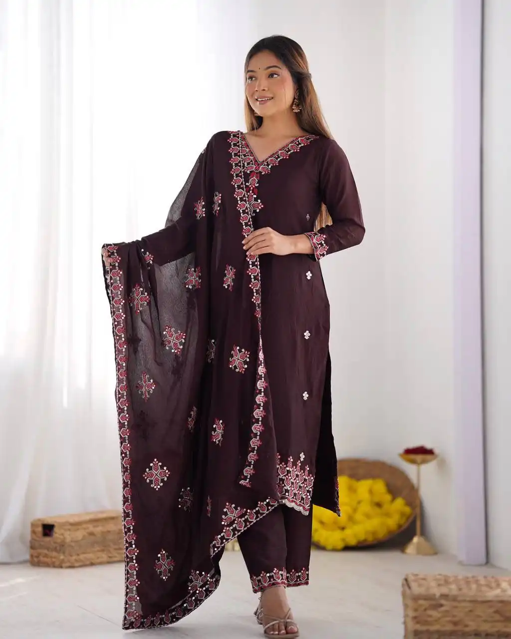 Brown Chinnon Silk Lace Embroidery Work Salwar Suit | Jump Suits, Tops & Bottoms, Track Suits, Salwar suit, Casual Suits, Creative suits, Designer Suits, Palazzo Suits, Party Wear Suits, Patiala Suits, Straight Suits, Trendy Wear