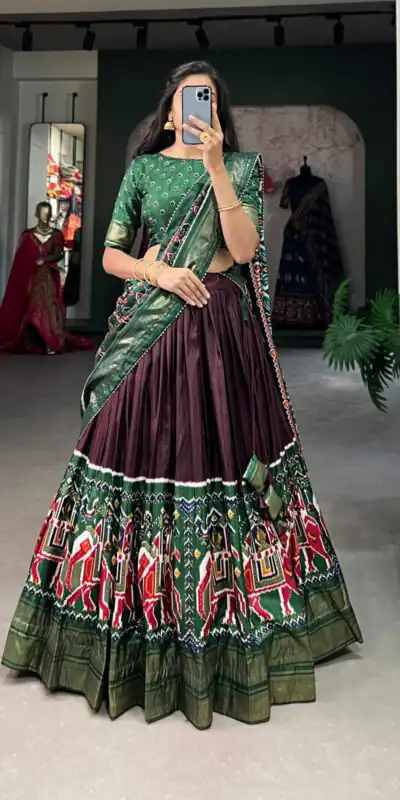 Brown Dola Silk Patola Print Foil Work Lehenga Choli | Lehenga, Bollywood Lehenga, Creative Lehenga, Designer Lehenga, Embroidered Lehenga, Party Wear Lehenga
