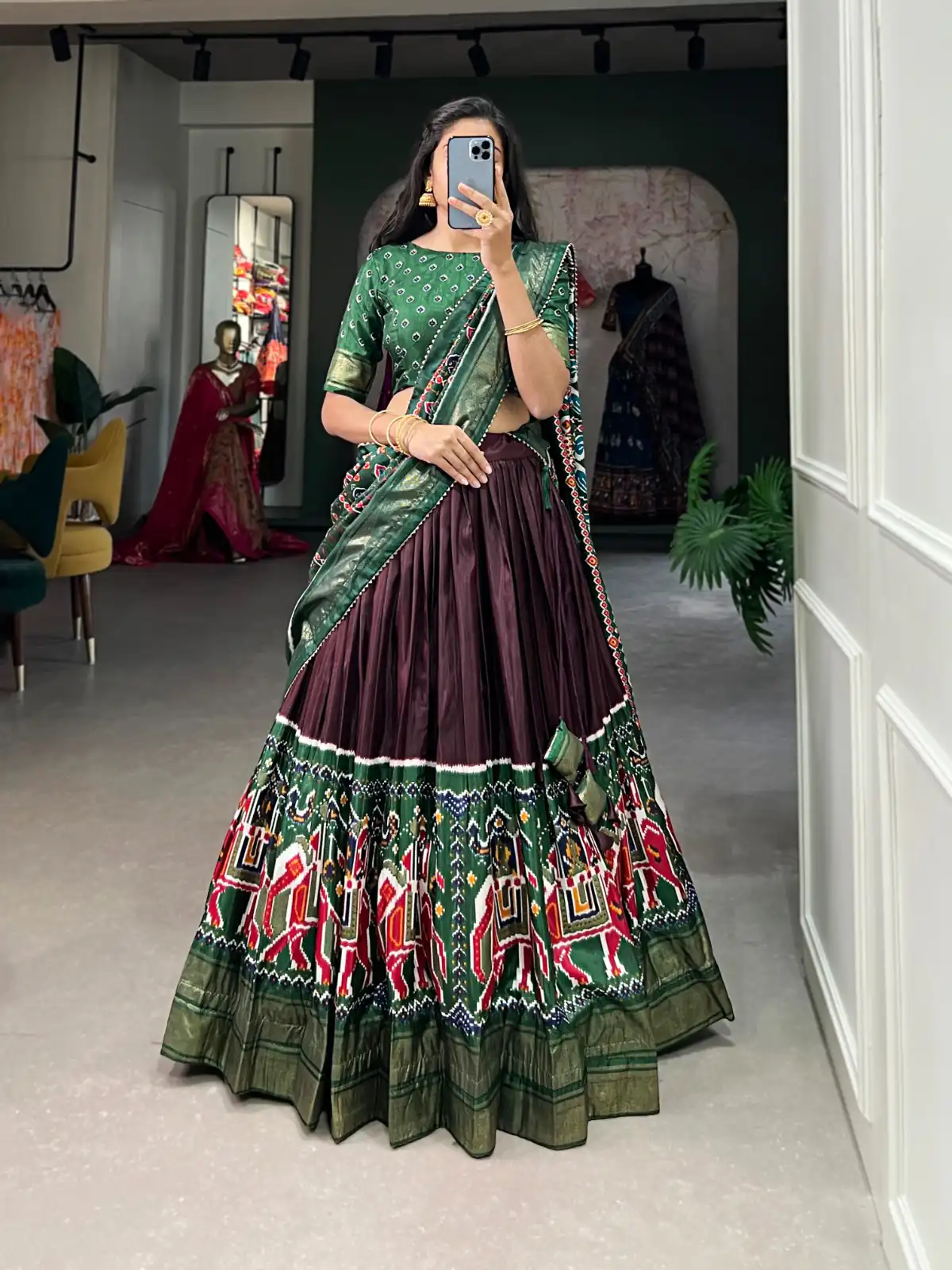 Brown Dola Silk Patola Print Foil Work Lehenga Choli | Lehenga, Bollywood Lehenga, Creative Lehenga, Designer Lehenga, Embroidered Lehenga, Party Wear Lehenga