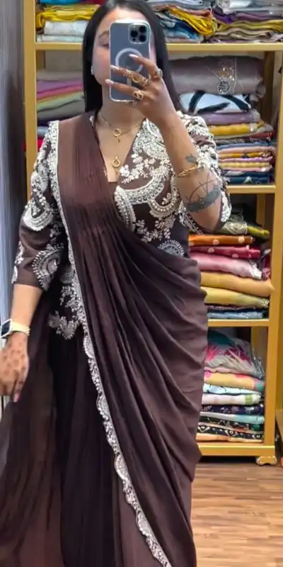 Brown Faux Georgette Embroidery Work Saree | Sarees, Bollywood Sarees, Creative Sarees, Designer Sarees, Embroidered Sarees, Ethnic Saree, Modern Digital sarees, Party Wear Sarees