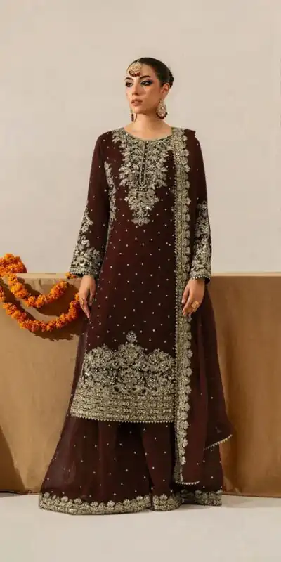 Brown Faux Georgette Lace Work Salwar Suit | Jump Suits, Salwar suit, Casual Suits, Creative suits, Designer Suits, Palazzo Suits, Party Wear Suits, Patiala Suits, Straight Suits