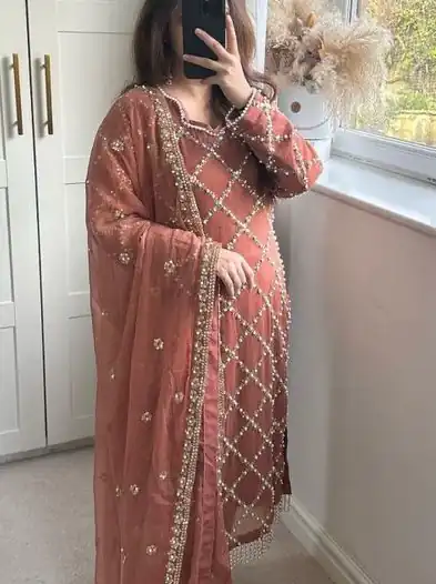 Brown Georgette Embroidered Hand Work Salwar Suit | Jump Suits, Salwar suit, Casual Suits, Creative suits, Designer Suits, Palazzo Suits, Party Wear Suits, Patiala Suits, Straight Suits