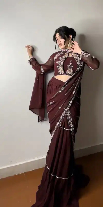 Brown Georgette Embroidery Lehenga Saree | Lehenga, Bollywood Lehenga, Creative Lehenga, Designer Lehenga, Embroidered Lehenga, Party Wear Lehenga