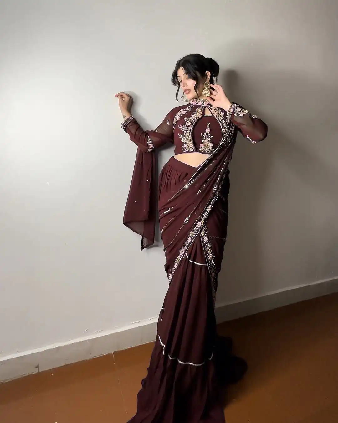 Brown Georgette Embroidery Lehenga Saree | Lehenga, Bollywood Lehenga, Creative Lehenga, Designer Lehenga, Embroidered Lehenga, Party Wear Lehenga