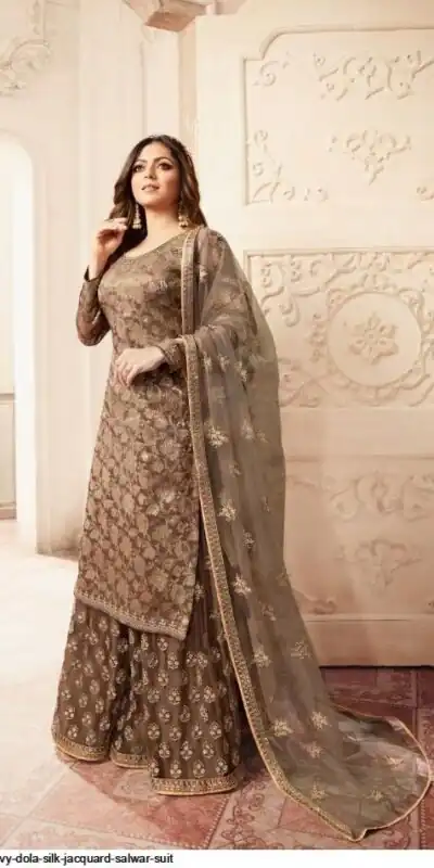 Brown Georgette Jacquard Diamond Sharara Suit | Jump Suits, Salwar suit, Casual Suits, Creative suits, Designer Suits, Palazzo Suits, Party Wear Suits, Patiala Suits, Straight Suits