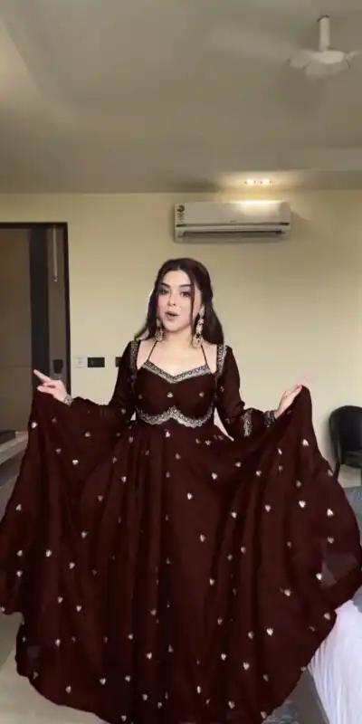 Brown Georgette Sequence Gown | Gowns, Bollywood Gowns, Creative Gowns, Designer Gowns, Embroidered Gowns, Party Wear Gowns