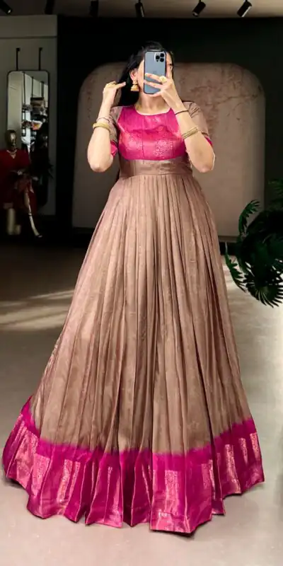 Brown Mass Mello Zari Work Gown | Gowns, Bollywood Gowns, Creative Gowns, Designer Gowns, Embroidered Gowns, Party Wear Gowns