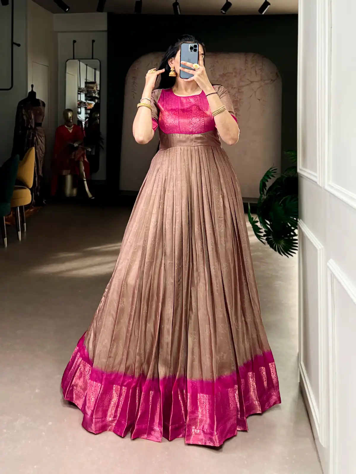Brown Mass Mello Zari Work Gown | Gowns, Bollywood Gowns, Creative Gowns, Designer Gowns, Embroidered Gowns, Party Wear Gowns