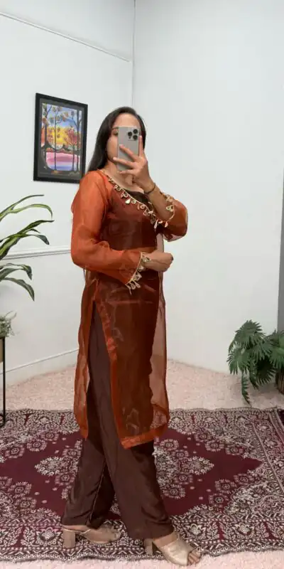 Brown Organza Mirror Lace Work Salwar Suit | Jump Suits, Salwar suit, Casual Suits, Creative suits, Designer Suits, Palazzo Suits, Party Wear Suits, Patiala Suits, Straight Suits