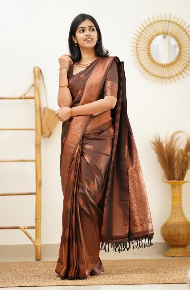 Brown Soft Lichi Silk Jacquard Rich Pallu Saree | Sarees, Bollywood Sarees, Creative Sarees, Designer Sarees, Embroidered Sarees, Ethnic Saree, Modern Digital sarees, Party Wear Sarees