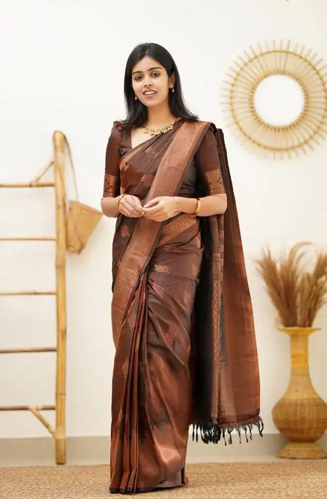 Brown Soft Lichi Silk Jacquard Rich Pallu Saree | Sarees, Bollywood Sarees, Creative Sarees, Designer Sarees, Embroidered Sarees, Ethnic Saree, Modern Digital sarees, Party Wear Sarees