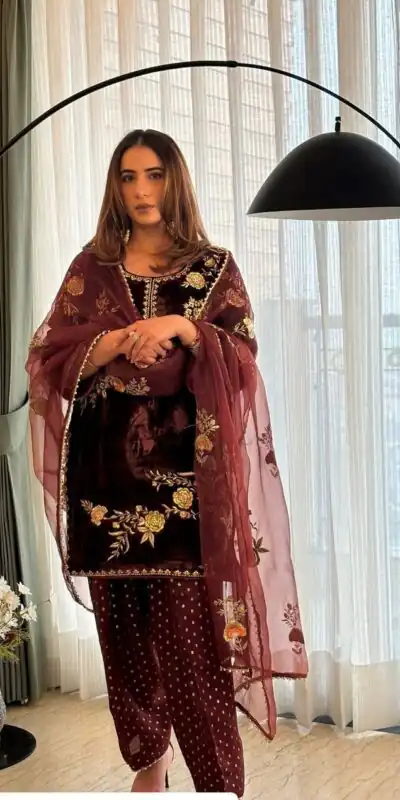 Brown Soft Organza Lace Embroidery Work Salwar Suit | Jump Suits, Tops & Bottoms, Track Suits, Salwar suit, Casual Suits, Creative suits, Designer Suits, Palazzo Suits, Party Wear Suits, Patiala Suits, Straight Suits, Trendy Wear