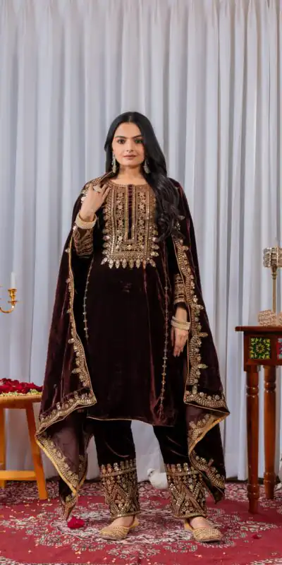 Brown Velvet Sequence 5 mm Work Salwar Suit | Jump Suits, Salwar suit, Casual Suits, Creative suits, Designer Suits, Palazzo Suits, Party Wear Suits, Patiala Suits, Straight Suits
