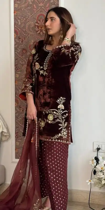 Brown Viscose Velvet Embroidery Work Salwar Suit | Jump Suits, Salwar suit, Casual Suits, Creative suits, Designer Suits, Palazzo Suits, Party Wear Suits, Patiala Suits, Straight Suits