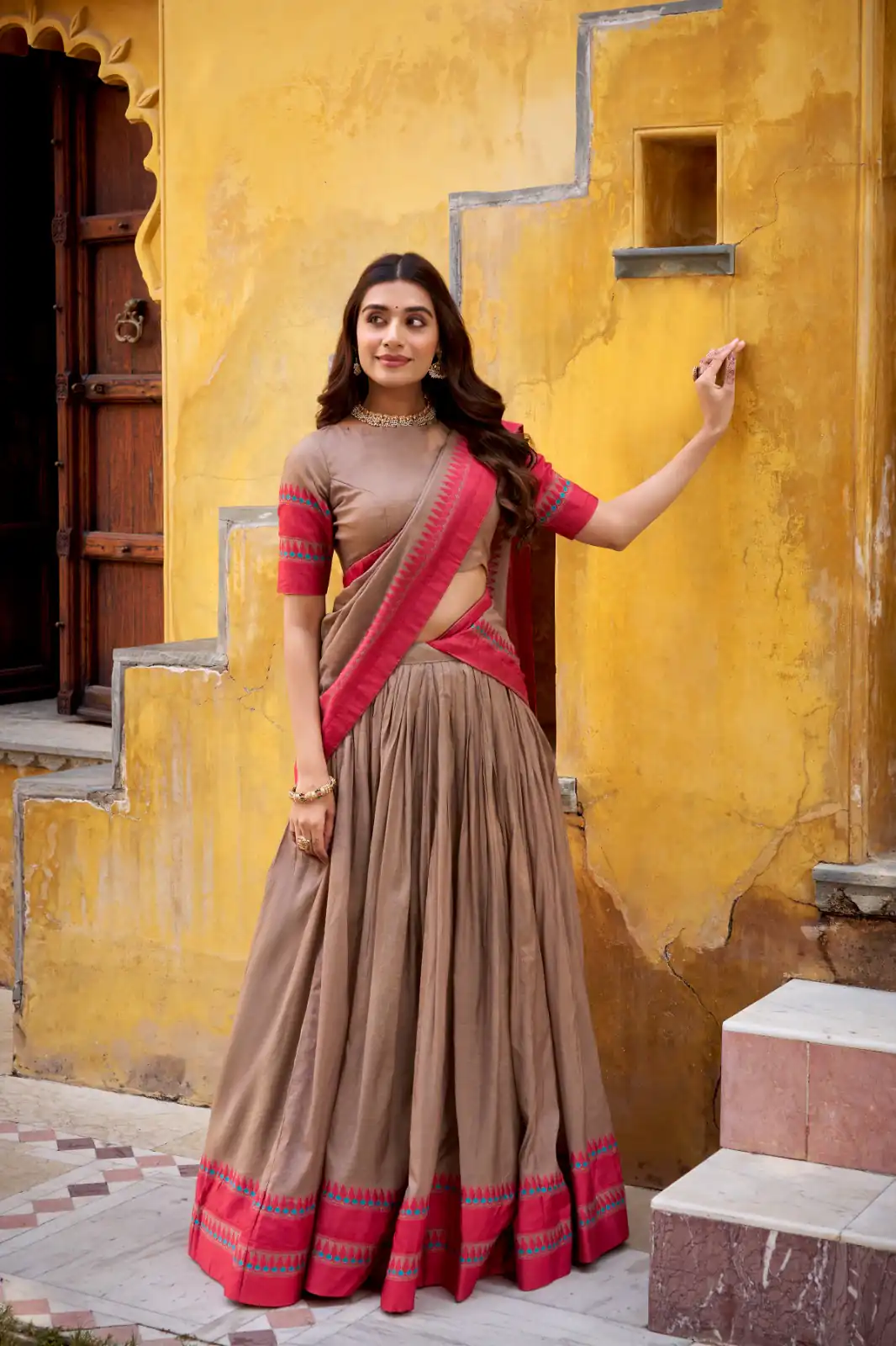 Chiku Chanderi Embroidery Work Lehenga Choli | Lehenga, Bollywood Lehenga, Creative Lehenga, Designer Lehenga, Embroidered Lehenga, Party Wear Lehenga