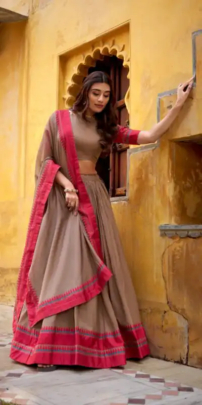 Chiku Chanderi Embroidery Work Lehenga Choli | Lehenga, Bollywood Lehenga, Creative Lehenga, Designer Lehenga, Embroidered Lehenga, Party Wear Lehenga