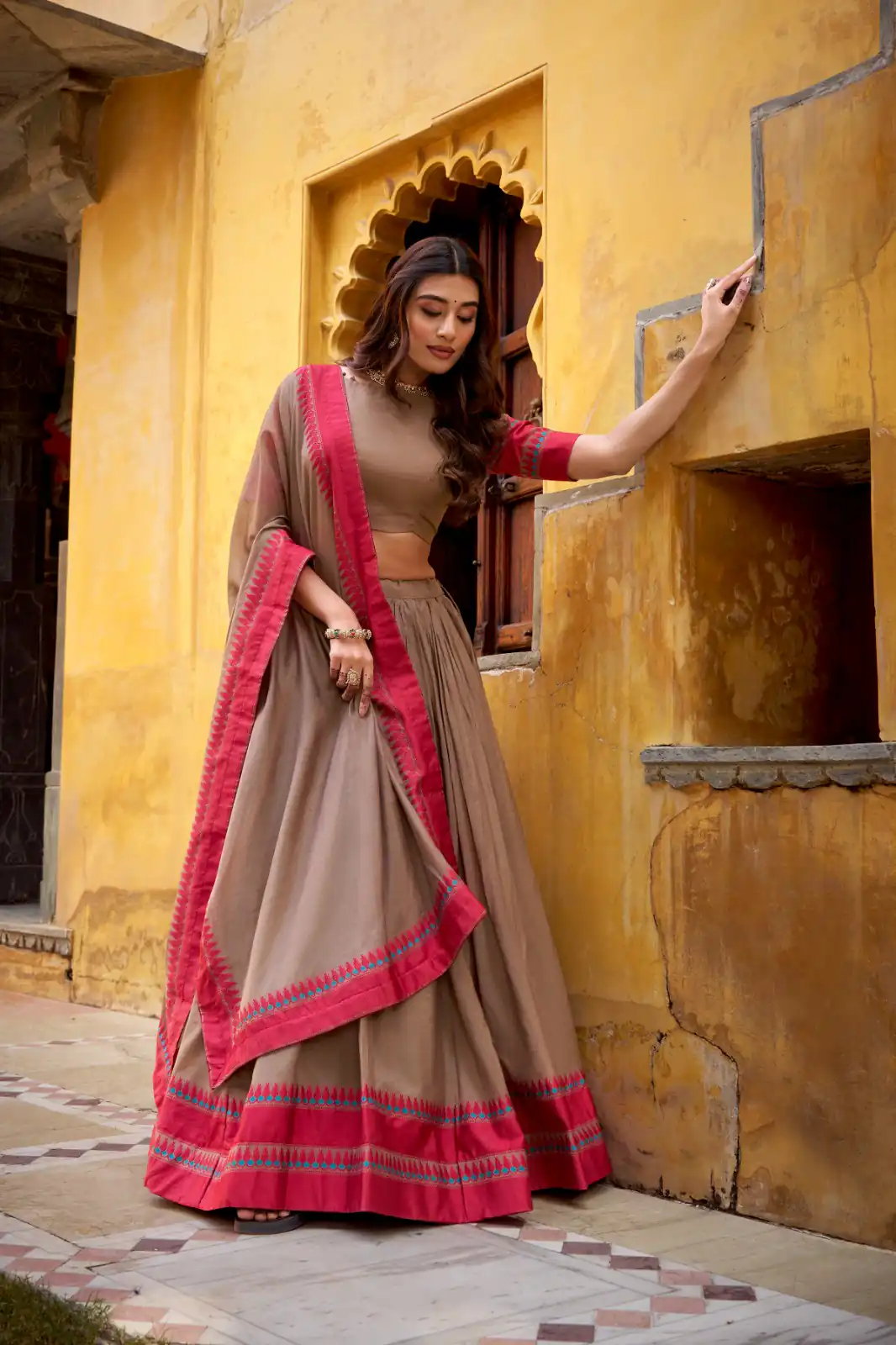 Chiku Chanderi Embroidery Work Lehenga Choli | Lehenga, Bollywood Lehenga, Creative Lehenga, Designer Lehenga, Embroidered Lehenga, Party Wear Lehenga
