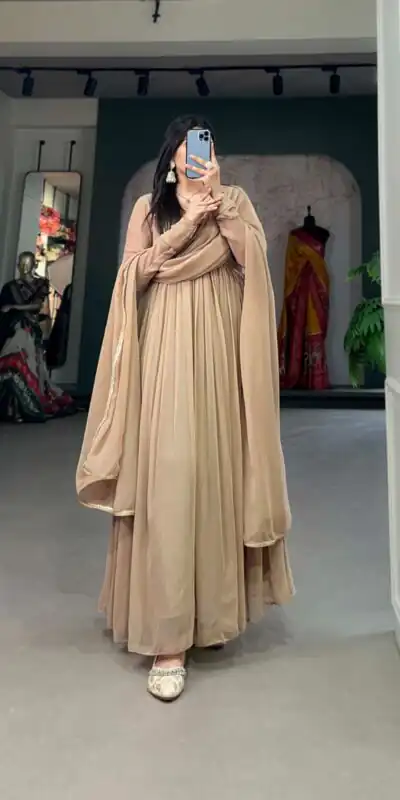 Chiku Georgette Embroidery Gown | Gowns, Bollywood Gowns, Creative Gowns, Designer Gowns, Embroidered Gowns, Party Wear Gowns