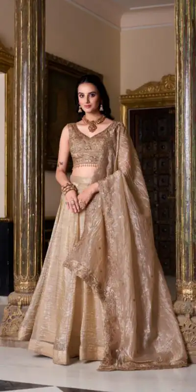 Chiku Gold Crush Plain Lehenga Choli | Lehenga, Bollywood Lehenga, Creative Lehenga, Designer Lehenga, Embroidered Lehenga, Party Wear Lehenga