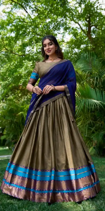 Chiku Poly Cotton Lace Work Zari Lehenga Choli | Lehenga, Bollywood Lehenga, Creative Lehenga, Designer Lehenga, Embroidered Lehenga, Party Wear Lehenga