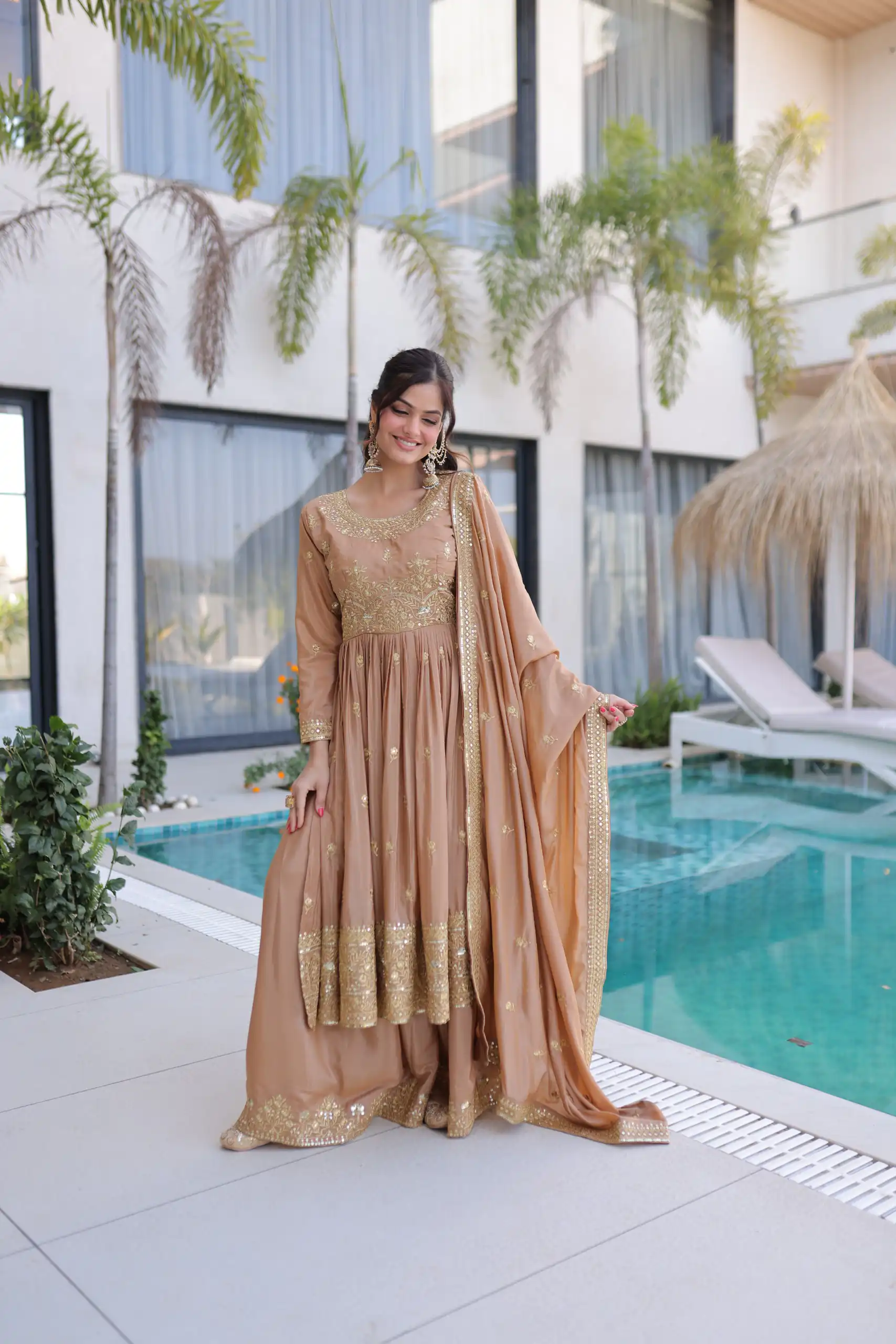 Chiku Super Silk Sequins Embroidery Work Salwar Suit | Jump Suits, Salwar suit, Casual Suits, Creative suits, Designer Suits, Palazzo Suits, Party Wear Suits, Patiala Suits, Straight Suits