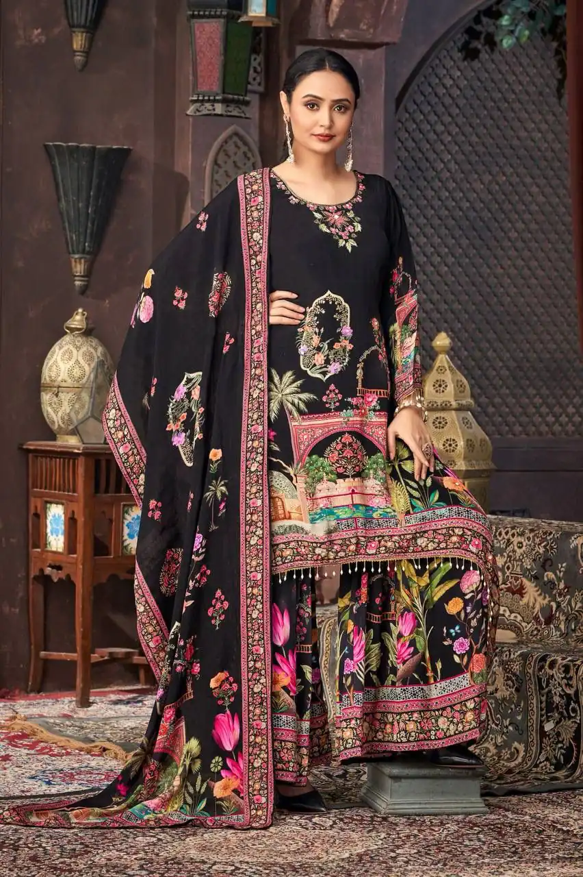 Classic Black Georgette Mirror Work Salwar Suit | Jump Suits, Salwar suit, Casual Suits, Creative suits, Designer Suits, Palazzo Suits, Party Wear Suits, Patiala Suits, Straight Suits