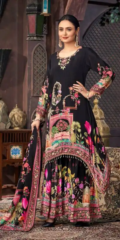 Classic Black Georgette Mirror Work Salwar Suit | Jump Suits, Salwar suit, Casual Suits, Creative suits, Designer Suits, Palazzo Suits, Party Wear Suits, Patiala Suits, Straight Suits