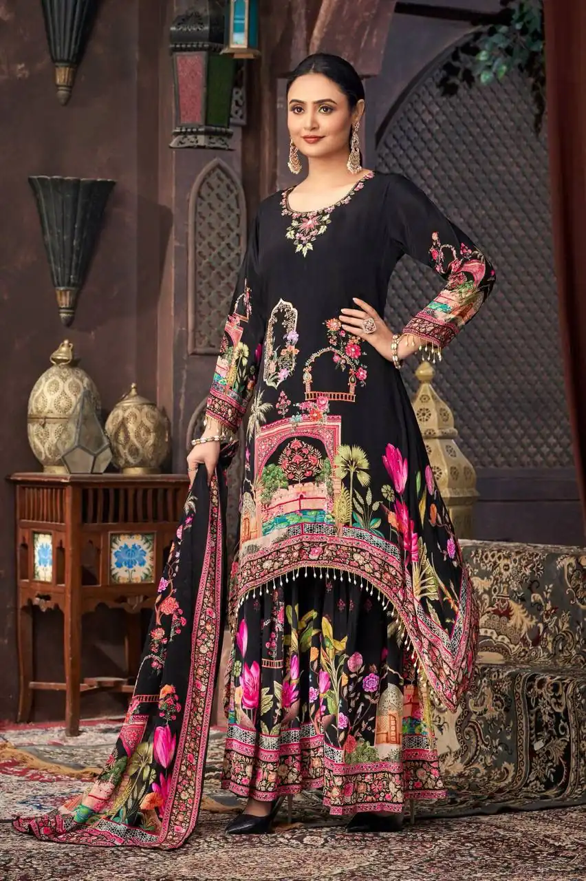 Classic Black Georgette Mirror Work Salwar Suit | Jump Suits, Salwar suit, Casual Suits, Creative suits, Designer Suits, Palazzo Suits, Party Wear Suits, Patiala Suits, Straight Suits