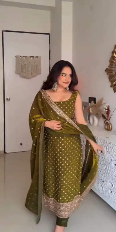 Classic Mehendi Fendy Silk Sequence Work Salwar Suit | Jump Suits, Salwar suit, Casual Suits, Creative suits, Designer Suits, Palazzo Suits, Party Wear Suits, Patiala Suits, Straight Suits