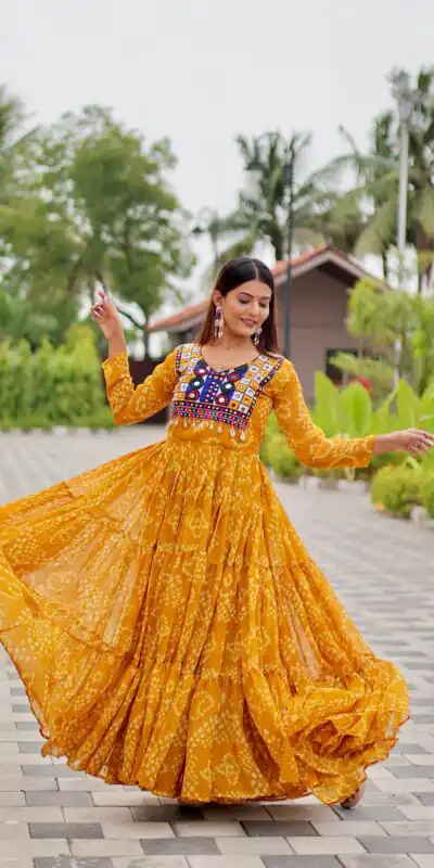 Ram 122 Mustard in Foux Georgette. Embroidery Work & Mirror Work Gown Festive Deal ₹1949. Delivery 4-6 Working Days. Shop now. | Gowns, Bollywood Gowns, Creative Gowns, Designer Gowns, Embroidered Gowns, Party Wear Gowns