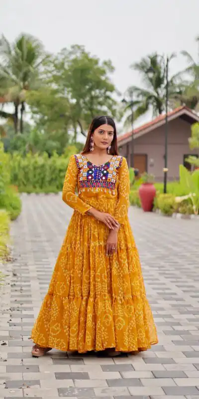 Ram 122 Mustard in Foux Georgette. Embroidery Work & Mirror Work Gown Festive Deal ₹1949. Delivery 4-6 Working Days. Shop now. | Gowns, Bollywood Gowns, Creative Gowns, Designer Gowns, Embroidered Gowns, Party Wear Gowns