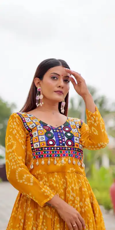 Ram 122 Mustard in Foux Georgette. Embroidery Work & Mirror Work Gown Festive Deal ₹1949. Delivery 4-6 Working Days. Shop now. | Gowns, Bollywood Gowns, Creative Gowns, Designer Gowns, Embroidered Gowns, Party Wear Gowns