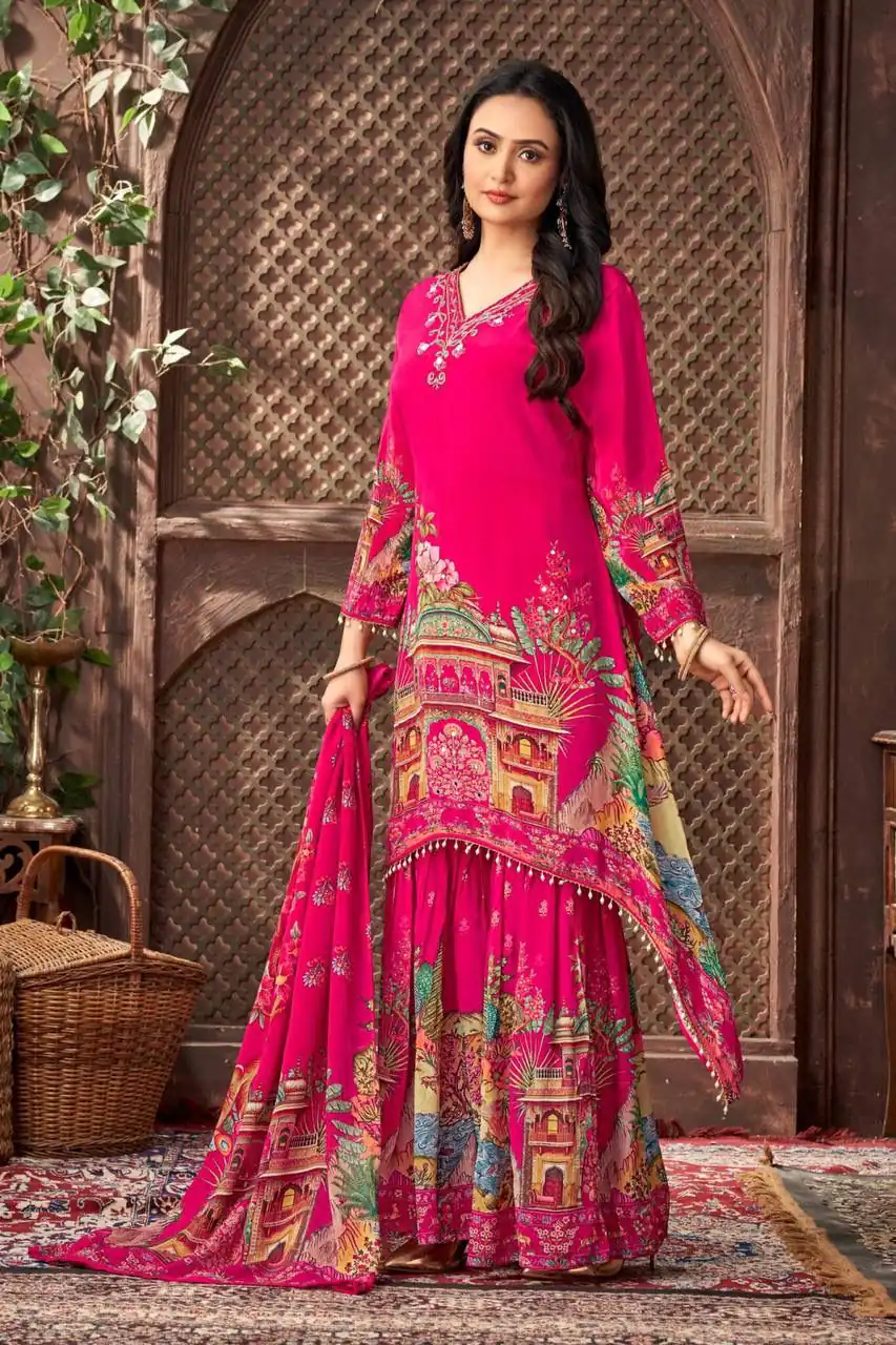 Classic Pink Georgette Mirror Work Salwar Suit | Jump Suits, Salwar suit, Casual Suits, Creative suits, Designer Suits, Palazzo Suits, Party Wear Suits, Patiala Suits, Straight Suits