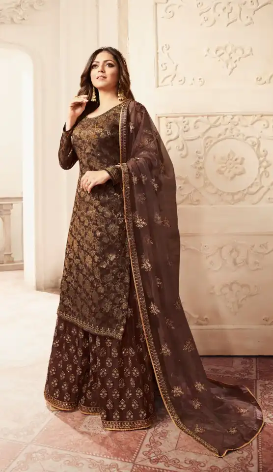 Coffee Jacquard Silk Georgette Diamond Sharara Suit | Jump Suits, Salwar suit, Casual Suits, Creative suits, Designer Suits, Palazzo Suits, Party Wear Suits, Patiala Suits, Straight Suits