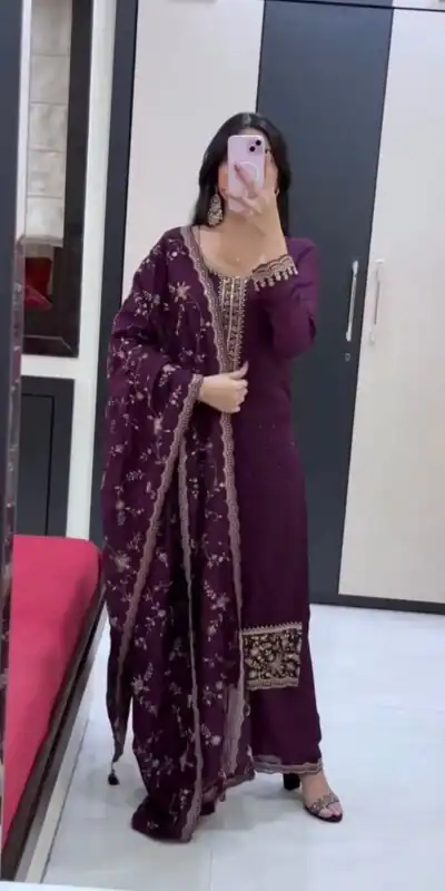 JF 048 Wine Color Georgette Salwar Suit with Designer Work. Affordable Price ₹2149. Delivery 4-6 Working Days. Online Shop now. | Jump Suits, Salwar suit, Casual Suits, Creative suits, Designer Suits, Palazzo Suits, Party Wear Suits, Patiala Suits, Straight Suits