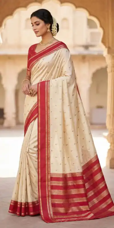 Cream Banarasi Silk Zari Work Saree | Sarees, Bollywood Sarees, Creative Sarees, Designer Sarees, Embroidered Sarees, Ethnic Saree, Modern Digital sarees, Party Wear Sarees
