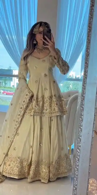 Cream Chinon Embroidery Mirror Work Lehenga Choli | Lehenga, Bollywood Lehenga, Creative Lehenga, Designer Lehenga, Embroidered Lehenga, Party Wear Lehenga