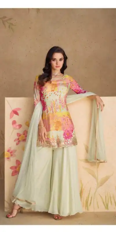 Cream Chinon Printed Embroidery Work Sharara Suit | Jump Suits, Salwar suit, Casual Suits, Creative suits, Designer Suits, Palazzo Suits, Party Wear Suits, Patiala Suits, Straight Suits