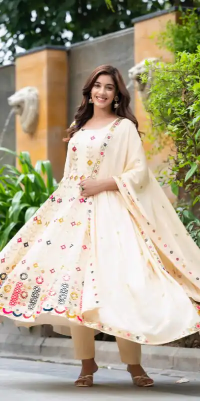 Cream Chinon Silk Cut Work Embroidery Anarkali Suit | Anarkali Suits, Bollywood Anarkali, Creative-Anarkali, Designer Anarkali, Embroidered Anarkali, Party Wear Anarkali