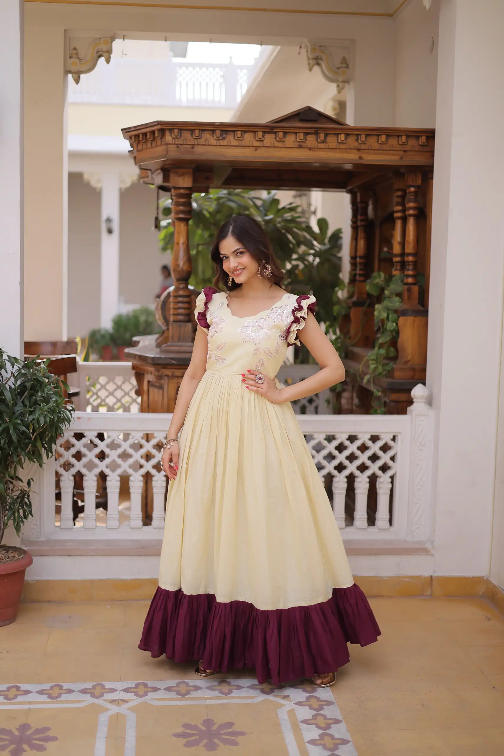 Cream Cotton Sequins Embroidery Work Gown | Gowns, Bollywood Gowns, Creative Gowns, Designer Gowns, Embroidered Gowns, Party Wear Gowns