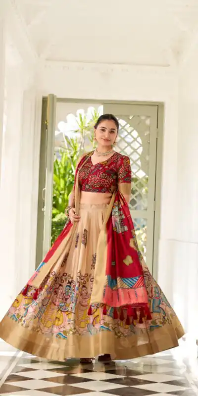 Cream Dola Silk Lace Work Kalamkari Print Lehenga Choli | Lehenga, Bollywood Lehenga, Creative Lehenga, Designer Lehenga, Embroidered Lehenga, Party Wear Lehenga
